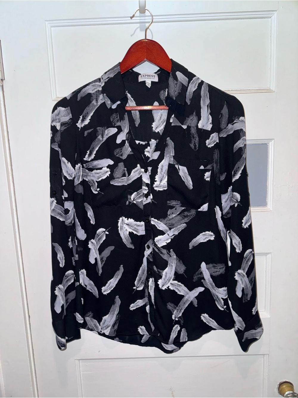 Express Black Shirt with White Brush Feather Print